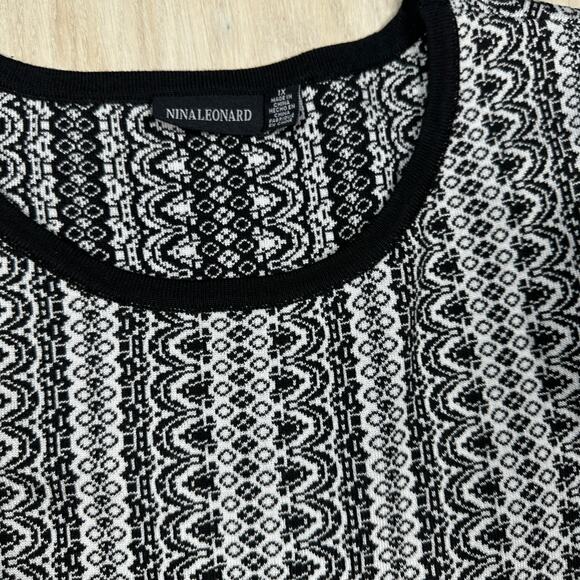 Nina Leonard Black & White Geometric Knit Fit & Flare Sweater Dress Plus 1X - Picture 6 of 16
